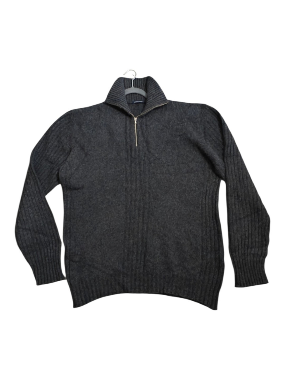 Men's Charcoal Zip-Up Ribbed Mock Neck Sweater